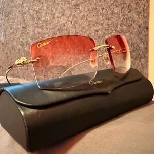 Cartier Red Tint Rimless Sunglasses with Gold Detail